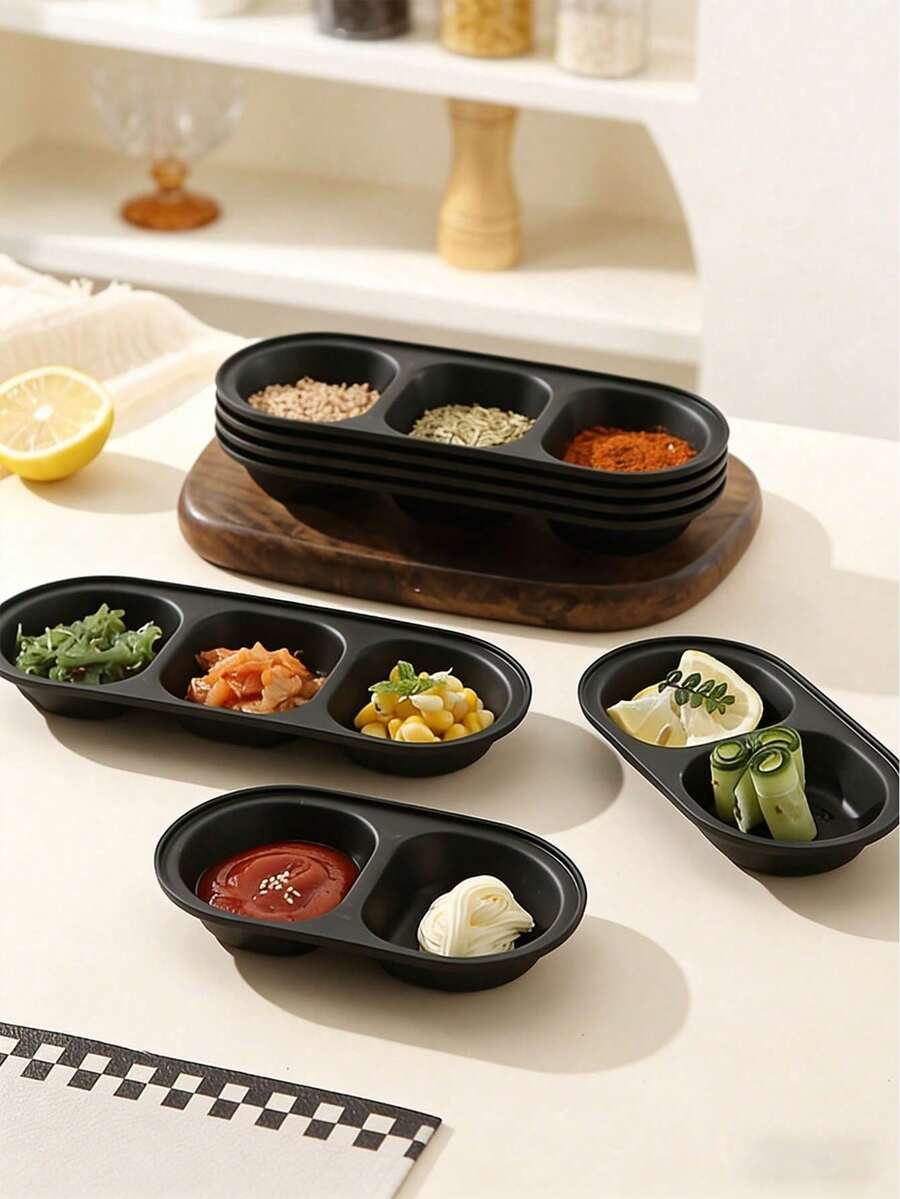 Bộ 1/3/5 bát đựng gia vị chia ngăn màu đen, bát nhựa hình bầu dục dùng làm món khai vị, có thể tái sử dụng, an toàn với máy rửa chén, thích hợp đựng nước tương, gia vị, đồ ăn nhẹ, dùng trong tiệc tùng, nhà bếp, sushi, món tráng miệng, đồ nướng. - Nhiều màu - Xem 1