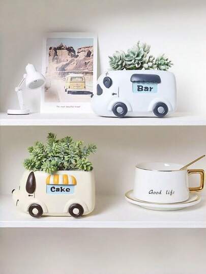 Chậu trồng cây mọng nước bằng nhựa, chậu/bình trồng cây mọng nước hình xe cắm trại/trang trí sân vườn, thích hợp cho các loại thảo mộc, cây mọng nước, xương rồng, vật trang trí tiểu cảnh mini trong nhà.