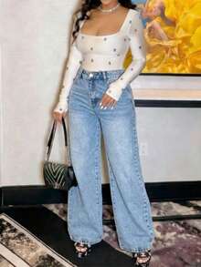 Quần jeans nữ ống rộng cạp thấp màu xanh dương dáng suông, túi xéo, kiểu dáng thường ngày, thích hợp cho mùa xuân. - Màu xanh bảo bình - Xem 2