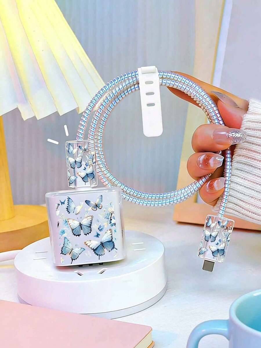 5 chiếc ốp bảo vệ hình bướm hoa màu xanh dương, tương thích với bộ sạc nhanh và cáp dữ liệu Apple 15/18/20W. - Nhiều màu - Xem 1