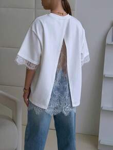 2026 New Lace Patchwork Women's Fashionable Elegant Commuter Top T-Shirt, Lace Patchwork Open Back Design Casual White Summer - White - View 3