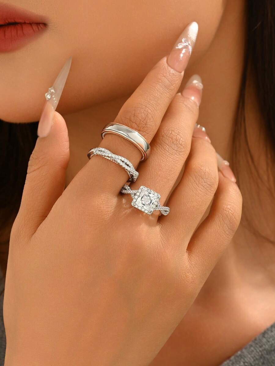 三件套极简戒指套装，时尚奢华微镶锆石情侣戒指，适合婚礼、舞会、派对、宴会、新娘等场合。 - 鋯石戒指 - 查看 1