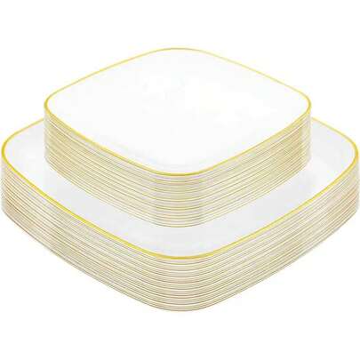 Đĩa vuông viền trắng, bộ đồ ăn cao cấp viền vàng hình tròn, khay phục vụ 10,25" và 7,5", đĩa tráng miệng, đĩa salad, thích hợp cho Giáng sinh, đám cưới, tiệc tùng, ăn uống tại nhà, nhà hàng, nhà bếp, ngoài trời và các dịp lễ kỷ niệm khác nhau.