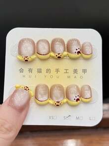 10pcs/Set Press On Fingernail Set. Yulin Puppy. Cute. Glittering. Glass Beads. Cat Eye. French Style. Hand Painted. Pinching. Handmade Wearable Nail Set. Press On Nails - Multicolor - View 1