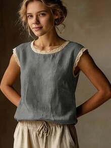 Vintage Style Linen Short Sleeve Top For Women Lace Patchwork Round Neck Loose Slimming Summer Breathable Linen Blend T-Shirt - Xám - Xem 6