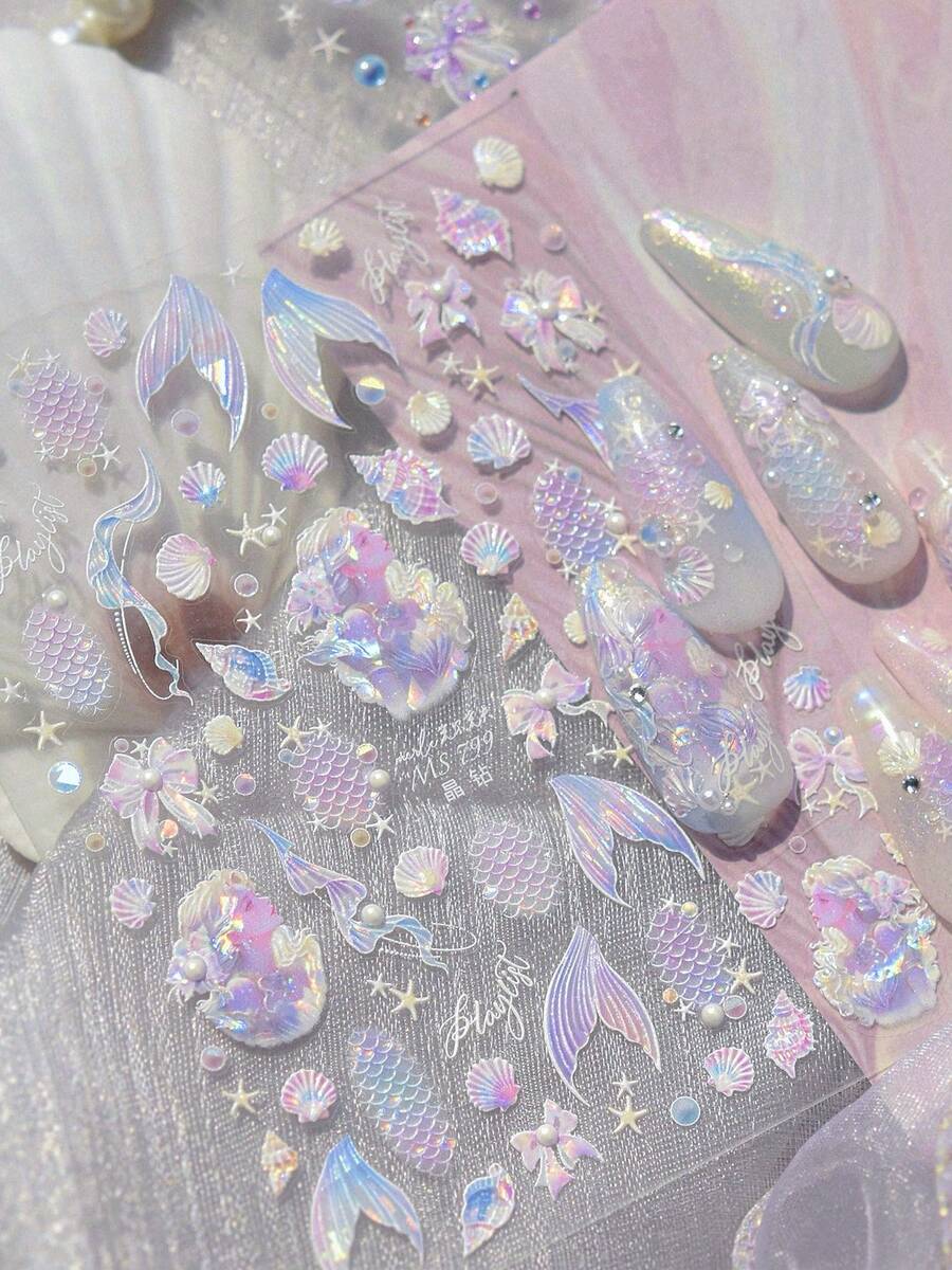 1pc Summer Mermaid Tail Nail Stickers - Shimmering Ocean Element Self-Adhesive Nail Art Stickers, Shell And Starfish Patterns, Shiny Texture, Suitable For DIY In Spring And Summer, Princess Anime Theme Style, Shimmering Nail Stickers For Spring Manicure, Mermaid Party Decor