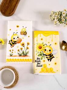 2pcs Bee Pattern Kitchen Towels, Size 40*48cm, Bee, Sunflower And Honey Pattern, Soft And Absorbent Microfiber Hand Towels, Kitchen Decor, Dining Table Decor, Bathroom Decor, Warm Gift For Friends And Family, Spring/Summer Decoration - Yellow - View 7
