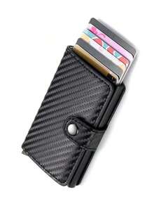 1pc Carbon Fiber Aluminum Alloy Credit Card Wallet Multi Card Slots Elastic Band Anti Theft RFID Blocking Metal Card Protector Daily Use Large Capacity Business Casual Gift For Men Women Dad Boyfriend - Black - View 5