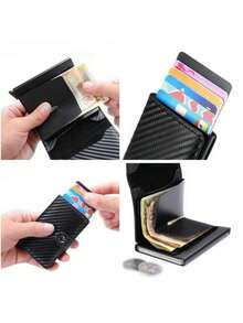 1pc Carbon Fiber Aluminum Alloy Credit Card Wallet Multi Card Slots Elastic Band Anti Theft RFID Blocking Metal Card Protector Daily Use Large Capacity Business Casual Gift For Men Women Dad Boyfriend - Black - View 6