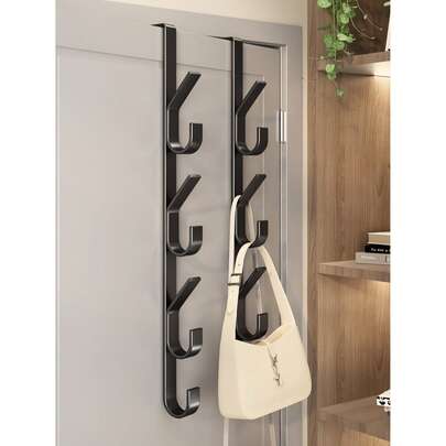 1 Piece Carbon Steel Door Back Hook - Heavy Duty Metal Multi-Functional Towel Rack | Space-Saving Vertical Storage Hook Rack | Bathroom Door Back Towel Rack, Titanium Color, Drill-Free, Suitable For Bedroom
