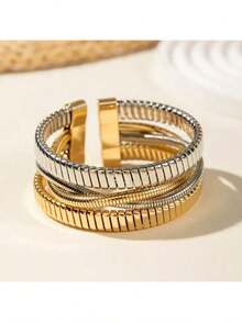 1pc Fashionable Minimalist Multi-Layer Line Wrapped Geometric Open Cuff Snake Bone Bracelet Suitable For Daily Wear Party And Gathering - 多色的 - 查看 1