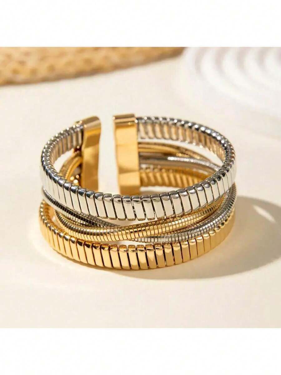 1pc Fashionable Minimalist Multi-Layer Line Wrapped Geometric Open Cuff Snake Bone Bracelet Suitable For Daily Wear Party And Gathering - 多色的 - 查看 1