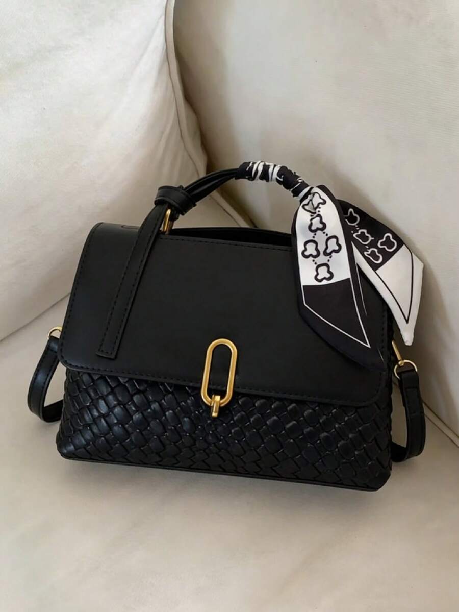 This Simple And Stylish Square Tote Bag Comes With A Detachable Scarf. It's A Versatile And Practical Shoulder/Crossbody Bag Suitable For Women, College Students, Commuters, Dates, Outings, And Daily Commutes. - Black - View 1