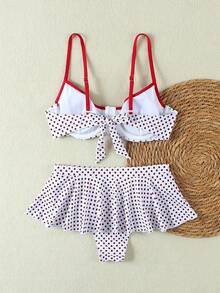 2026春夏女式白底红点荷叶边比基尼，撞色性感两件式泳衣，适合海滩度假、优雅装扮、休闲服饰、多功能运动服 - 紅白色 - 查看 5