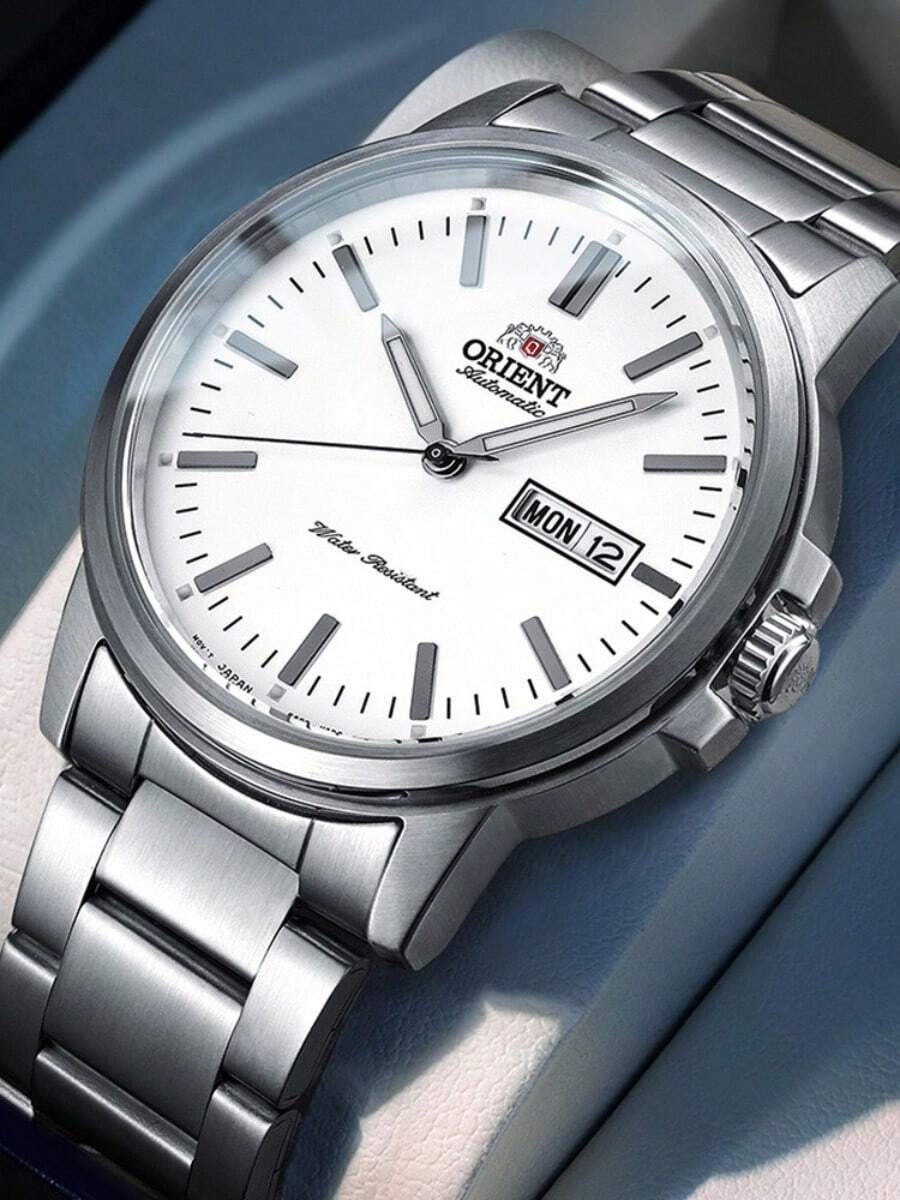 Orient Đồng hồ nam tự động, cơ khí, mặt số kim, dây đeo thép không gỉ màu bạc, mặt số trắng trơn, hiển thị ngày tháng, kim dạ quang, vỏ mài mờ, kiểu dáng tối giản, cổ điển, công sở, thường ngày, quà tặng cho phái mạnh. - Bạc - Xem 1