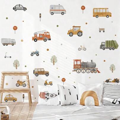 4pcs Self-Adhesive Wallpaper, Watercolor Cartoon Transportation Wall Decals, Removable Waterproof Wall Decor For Kids Room & Nursery