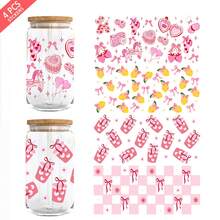4件套 16盎司玻璃杯UV DTF转印贴纸（9.4x4.3英寸），无需加热，粉色蝴蝶结柠檬水果图案，Y2K复古相机和棋盘格软妹图案，防水摩擦贴纸，DIY礼物 - Coquette 05 - 查看 12