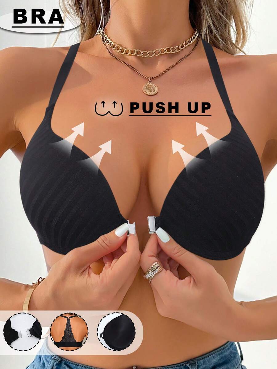 女士前扣式纯棉套头文胸，无钢圈舒适休闲文胸，无衬垫 - 黑色 - 查看 1