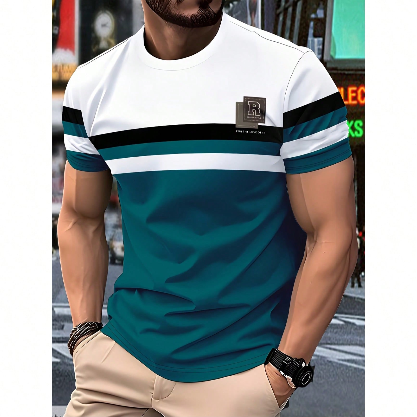 Pieza Camiseta casual de cuello redondo con estampado de rayas y letras para hombres, hecha de tela de punto de poliéster transpirable con un ligero