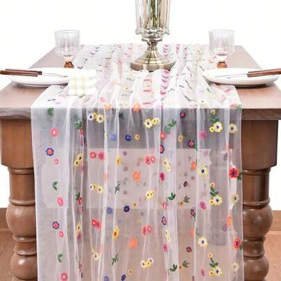 78.74inch Long Embroidery Cheesecloth Tulle Table Runner Daisy Summer Fall Table Runner Florals Gauze Table Runners For Wedding Party Baby Shower Birthday Home Decor Holiday Decorations, Chair Sash