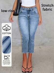 Light Wash Distressed 3/4 Jeans Women, Stretchy Pencil Pants Casual, Commute Summer - 輕洗 - 查看 2