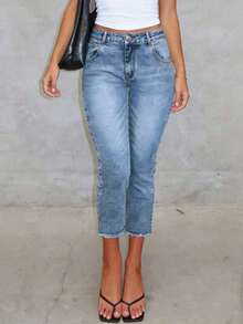 Light Wash Distressed 3/4 Jeans Women, Stretchy Pencil Pants Casual, Commute Summer - 輕洗 - 查看 3