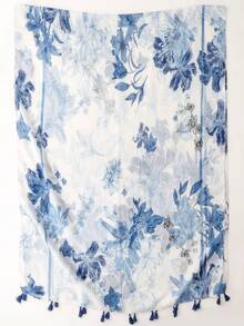 简约印花围巾，新款女士真丝围巾，春夏防晒沙滩巾，时尚头巾，披肩，女士领巾，长围巾 - 藍色 - 查看 6