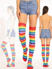 1 Pair Rainbow Over-The-Knee Socks, Fashionable For Daily Wear, Parties, Holidays, Gift - Multicolor - View 4