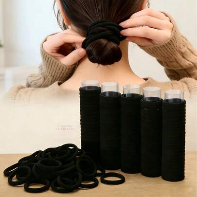 200条加厚0.7克无痕棉质黑色发圈，无缝发带，不伤发，适合女性和女孩扎马尾辫，直径1.57英寸，适合日常通勤、工作、化妆及其他场合。