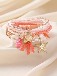 Conjunto de 2 piezas de pulsera con elementos del océano, incluyendo coral, estrella de mar, concha y talla grande elementos, joyería de moda para vacaciones de verano, viajes y festividades - Coral/Estrella de mar - Ver 14