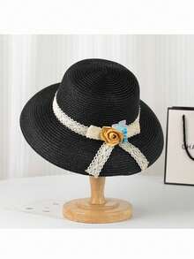 1pc Spring/Summer Foldable Floral Sun Hat, Women Beach Vacation Sunscreen Hat - A - View 2
