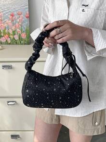 新款时尚星月图案褶皱云朵单肩包，休闲斜挎法棍包，女士 - 黑色 - 查看 10
