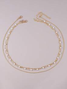 2 piezas Conjunto de collar de perlas falsas multicapa elegante para mujeres, adecuado para uso diario, citas, trabajo, reuniones con amigos (cantidad de perlas al azar) - Amarillo Oro - Ver 4