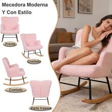 Silla Mecedora para Salón, 450 Libras, con Patas de Madera y Estructura de Hierro de Alta Calidad, Relleno de Espuma de Alta Resiliencia, Silla cómoda con Tapizada en Felpa Teddy, Asiento y Respaldo Acolchados, Elegante y Cómoda, Ideal para Sala de Estar, Recámara, Guardería - Rosa - Ver 3
