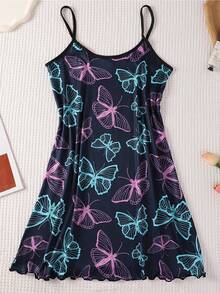 4pcs Women's Heart Print Nightgowns Spaghetti Strap Lettuce Trim Mini Night Dress Sleepwear - Multicolor - View 5