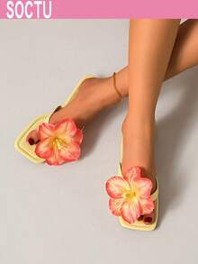 SOCTU Women's 3D Floral Toe-Post Sandals, Square Toe Flat Slippers, Summer Beach Vacation Shoes - Yellow - View 6
