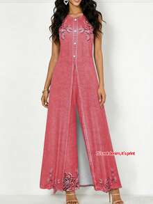 Bộ đồ 2 mảnh mới mùa Xuân/Hè dành cho nữ: Áo dài không tay in họa tiết giả denim xẻ tà + Quần ống rộng dáng suông (chất liệu không phải denim), nhẹ nhàng và thoải mái cho trang phục hàng ngày, đi nghỉ mát, đa năng, bộ đồ 2 mảnh cổ tròn xẻ tà không tay dành cho nữ, trang phục mùa hè sành điệu màu hồng. - Hồng - Xem 4