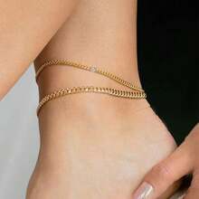 Tkool Élégant bracelet de cheville carré minimaliste en zircone cubique synthétique à double couche, polyvalent pour un port quotidien - Or jaune - Voir 1