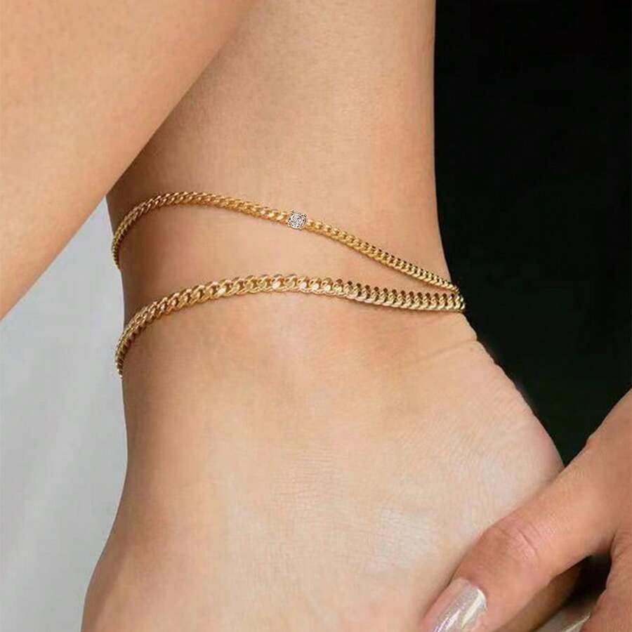 Tkool Élégant bracelet de cheville carré minimaliste en zircone cubique synthétique à double couche, polyvalent pour un port quotidien - Or jaune - Voir 1
