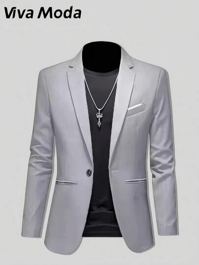 Trajes para hombre Blazer azul de corte slim fit, Chaqueta de vestir con un botón y pañuelo de bolsillo, Ideal para oficina y eventos formales