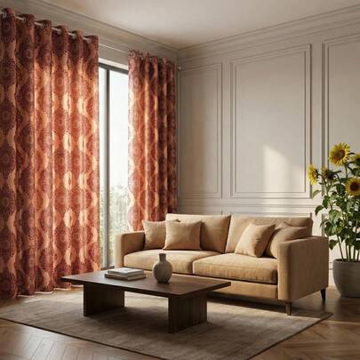 1 pieza Cortina opaca de jacquard catiónico vintage, con patrón rojo-marrón, para renovación del hogar, dormitorio, sala de estar, balcón, privacidad de la sala de estudio, aislamiento térmico, cortina opaca