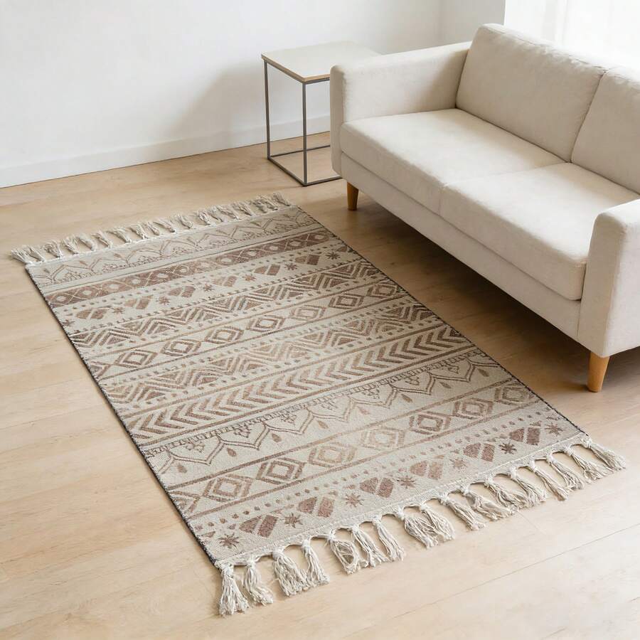 1入簡約風格矩形印花地墊，適用於客廳、臥室或任何室內房間的區域地毯，適用於臥室、床頭、電腦椅、掛籃、編織椅墊，房間裝飾 - 棕色 - 查看 1