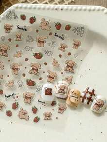 1pc New Adorable Cartoon Strawberry, Puppy, Bear, Brown Bear, Floral Nail Art Stickers, Nail Decals, Nail Components, Nail Decorations, Nail Art Supplies - Multicolor - View 1
