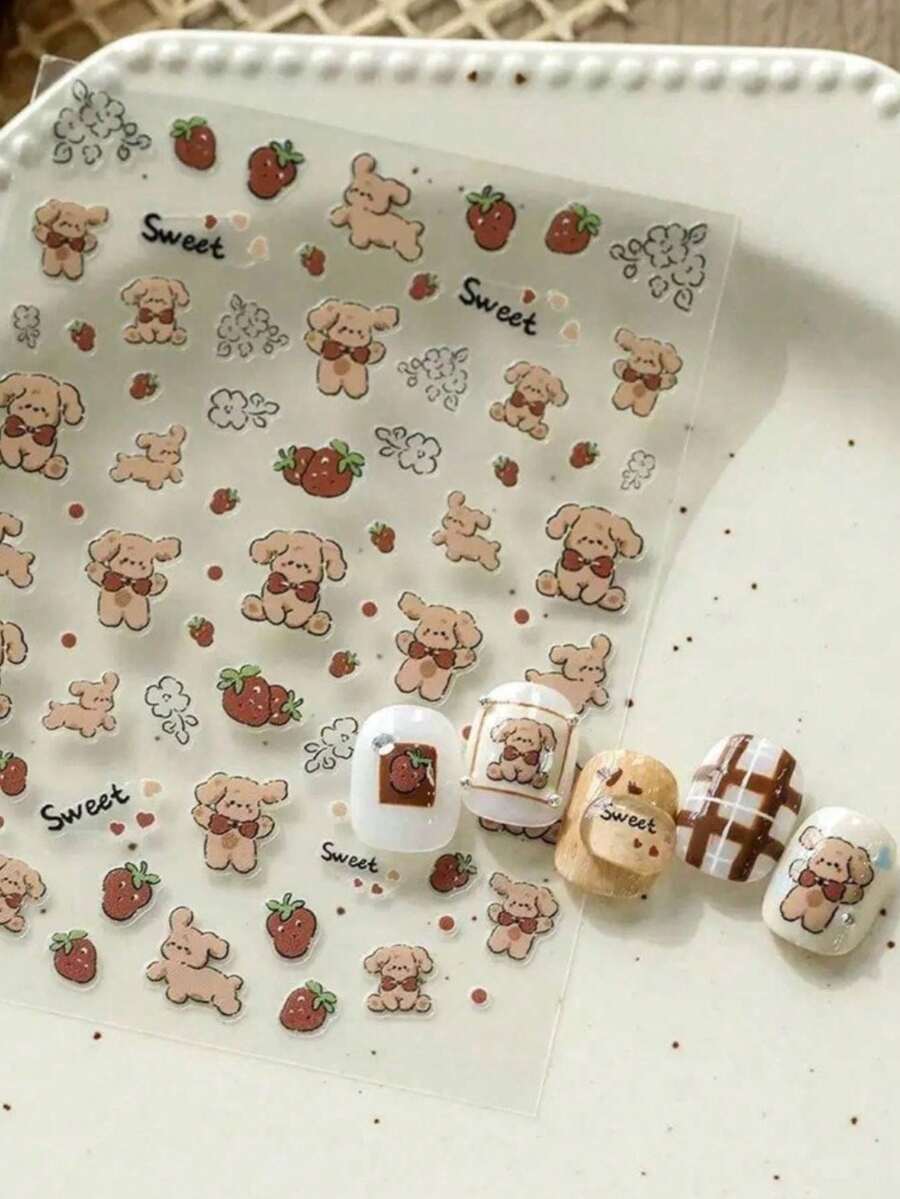 1pc New Adorable Cartoon Strawberry, Puppy, Bear, Brown Bear, Floral Nail Art Stickers, Nail Decals, Nail Components, Nail Decorations, Nail Art Supplies - Multicolor - View 1