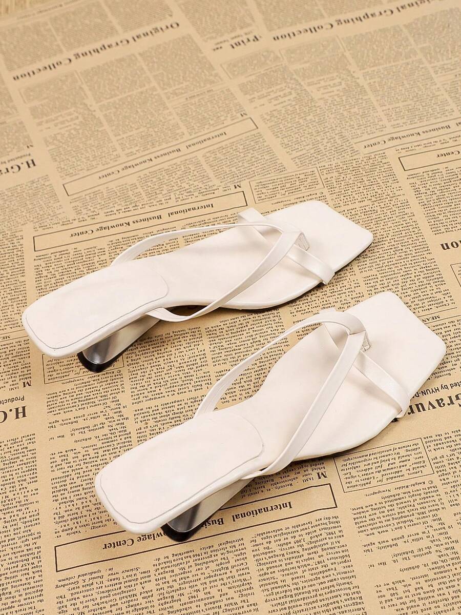 Square Toe High Heel Thong Sandals For Women, Black One-Piece Summer Flip Flops - White - View 1