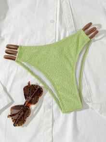 Lime Green Crinkle Texture Bandeau Contrast Brown Strap Y2K Summer Vacation High Waist 2 Pieces Bikini - Lemon Green - View 6