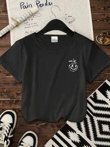 女式街头滑板图案双面印花圆领短袖T恤，女式夏季上衣，印花T恤 - 黑色 - 查看 2