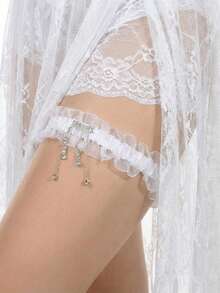 欧美风白色蕾丝边弹力吊袜带，饰有水钻和流苏，性感大腿吊袜带 - 白色 - 查看 1