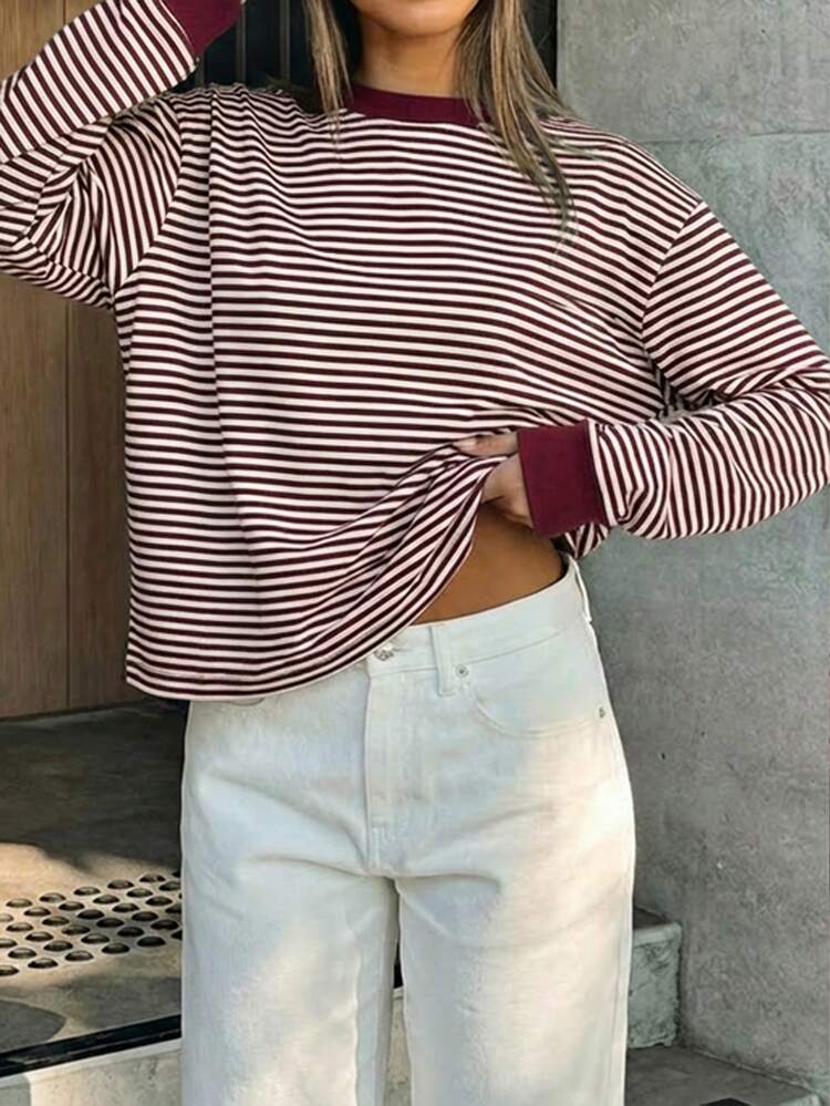 GLAMSKIN Women's Colorblock Striped Crew Neck Long Sleeve T-Shirt, Minimalist Loose Fit Autumn Basic Style, Suitable For Daily Wear And Office Commute - Burgundy - View 9