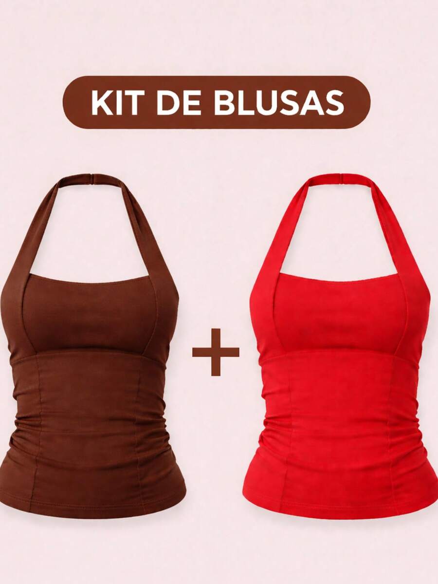 Women's Fitted Blouse Kit Y2K HALTER Square Neck Basic Sexy Summer Fashion - 紅棕色 - 查看 1